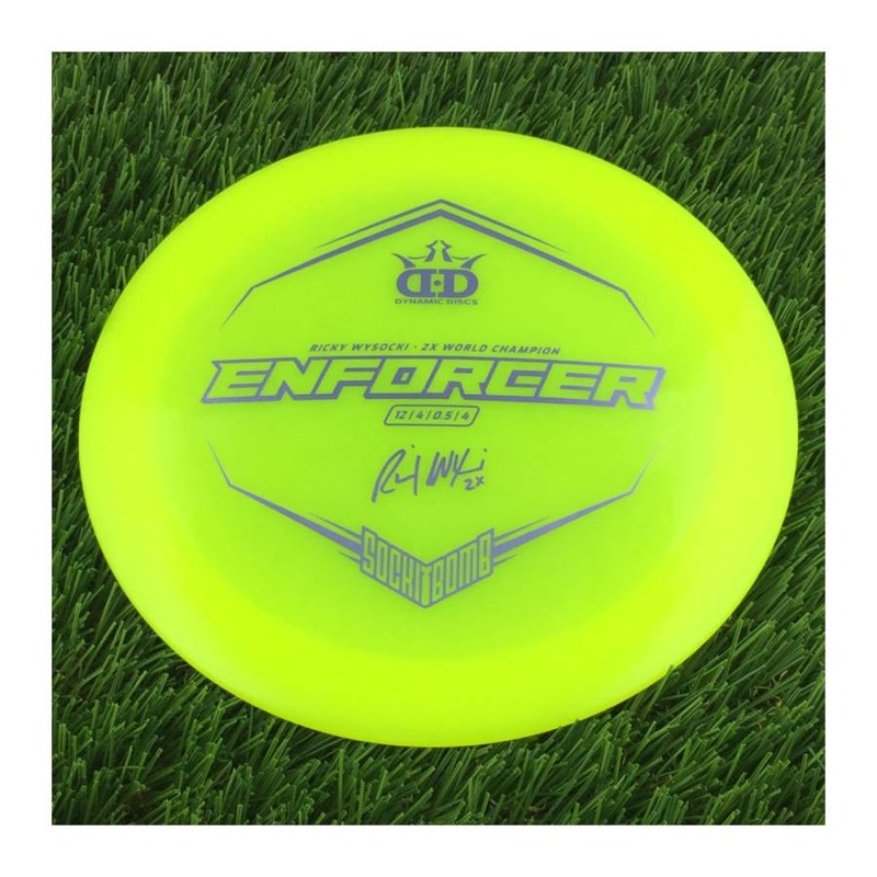 Dynamic Discs Lucid Enforcer with Ricky Wysocki – 2X World Champion – SockiBomb Stamp – 174g – Translucent Yellow