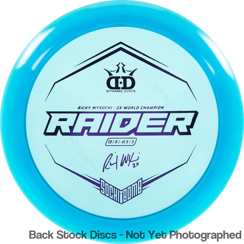 Dynamic Discs Lucid Ice Raider Distance Driver with Ricky Wysocki – 2X World Champion – SockiBomb Stamp [Back Stock Inventory – Disc and Stamp Color WILL VARY]