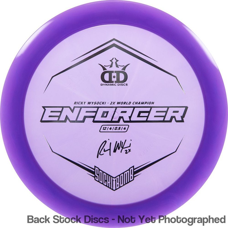 Dynamic Discs Lucid Ice Enforcer Distance Driver with Ricky Wysocki – 2X World Champion – SockiBomb Stamp [Back Stock Inventory – Disc and Stamp Color WILL VARY]