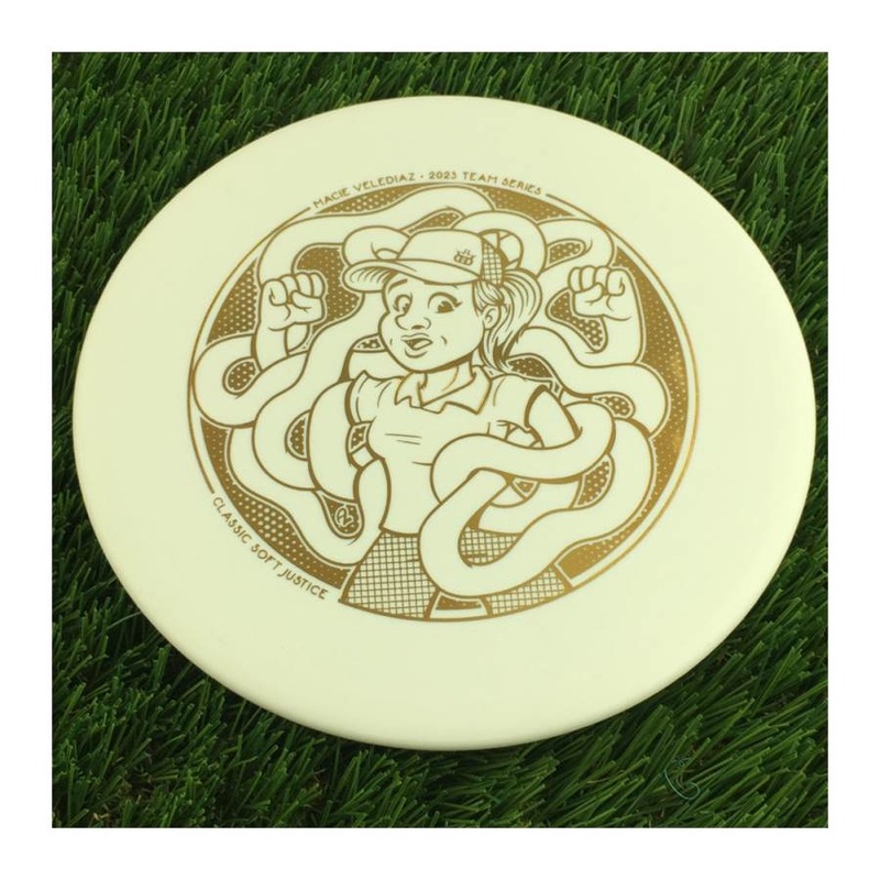 Dynamic Discs Classic Soft Justice with Macie Velediaz 2023 Team Series Stamp – 173g – Solid White