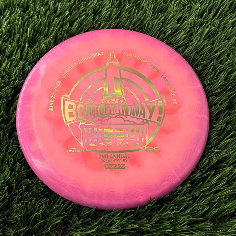 Discraft ESP Swirl Luna with Bombs Away Junior Tournament 2024 | Lawrence, KS | Presented by DZDiscs, Discraft, and GRIPeq w/ 2023 Discraft Tour Series Bottom Stamp Stamp – 172g Orangish Pink